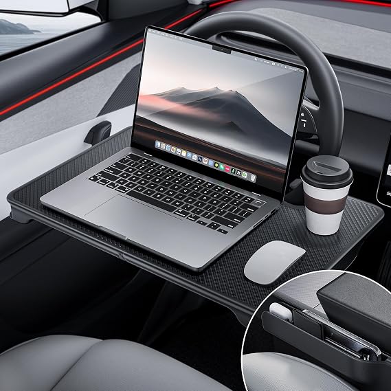YONZEE 2-in-1 Car Steering Wheel Desk Tray & Car Seat Gap Filler Organizer – Foldable Carbon Fiber Look Table for Laptop