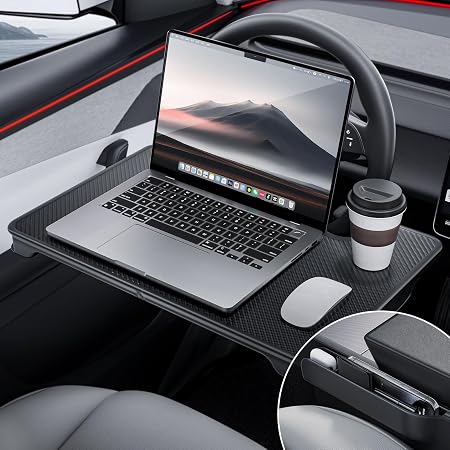 YONZEE 2-in-1 Car Steering Wheel Desk Tray & Car Seat Gap Filler Organizer – Foldable Carbon Fiber Look Table for Laptop