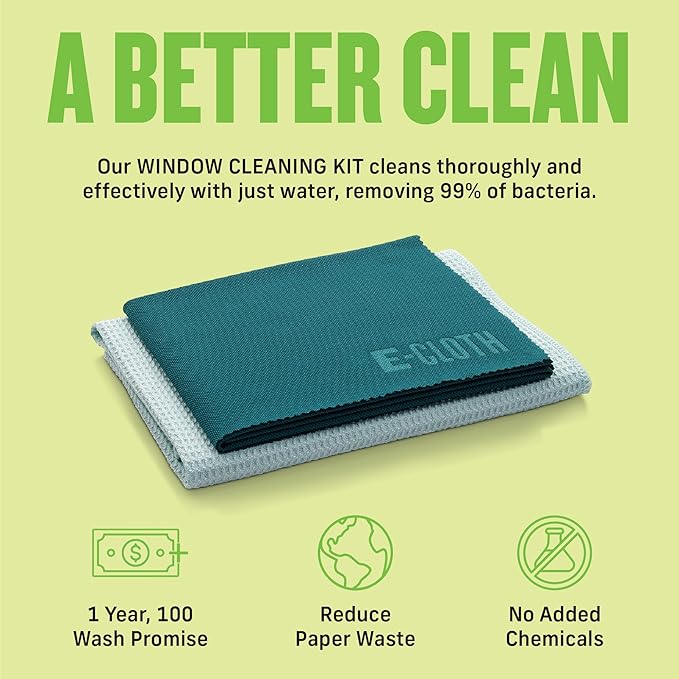 E-Cloth Microfiber Window Cleaning Cloth Kit - Glass Cleaning Cloth for Windows, Mirrors, Cars, Lenses, Eyeglasses, & More, Streak Free Clean, Machine Washable Reusable Towel - Green