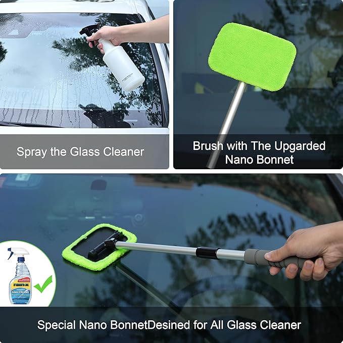 XINDELL Windshield Cleaner Tool – Car Window Cleaning Tool 22inch Extendable Long Handle for Easy Cleaning, 9pcs Reusable Microfiber Pads, Streak-Free Interior & Exterior Auto Glass Cleaner (Green)