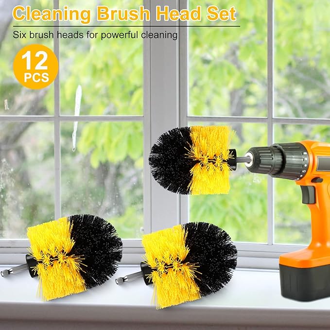 Drill Brush Nylon Drill Brush Attachment Electric Power Scrubber Scrub Brush Multi Purpose Cleaning Supplies for Drill Bathroom Surfaces Tub Grout Shower Kitchen Tile Auto Car (Yellow, 12 Pcs)
