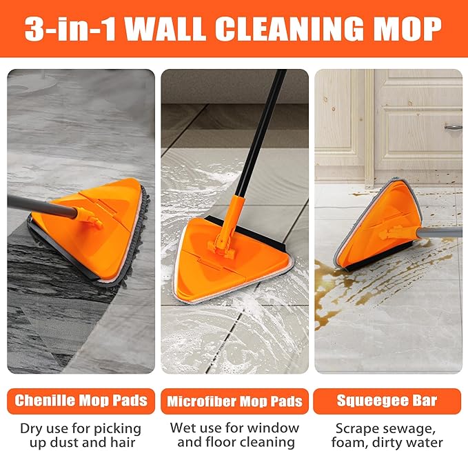 JEHONN Wall Mop with Long Handle 80 inches, Upgraded 180° Collapsible Baseboard Cleaner Tool with Squeegee, Ceiling Duster with 3 Microfiber and 3 Chenille Pads for Cleaning Window, Cabinet (Orange)