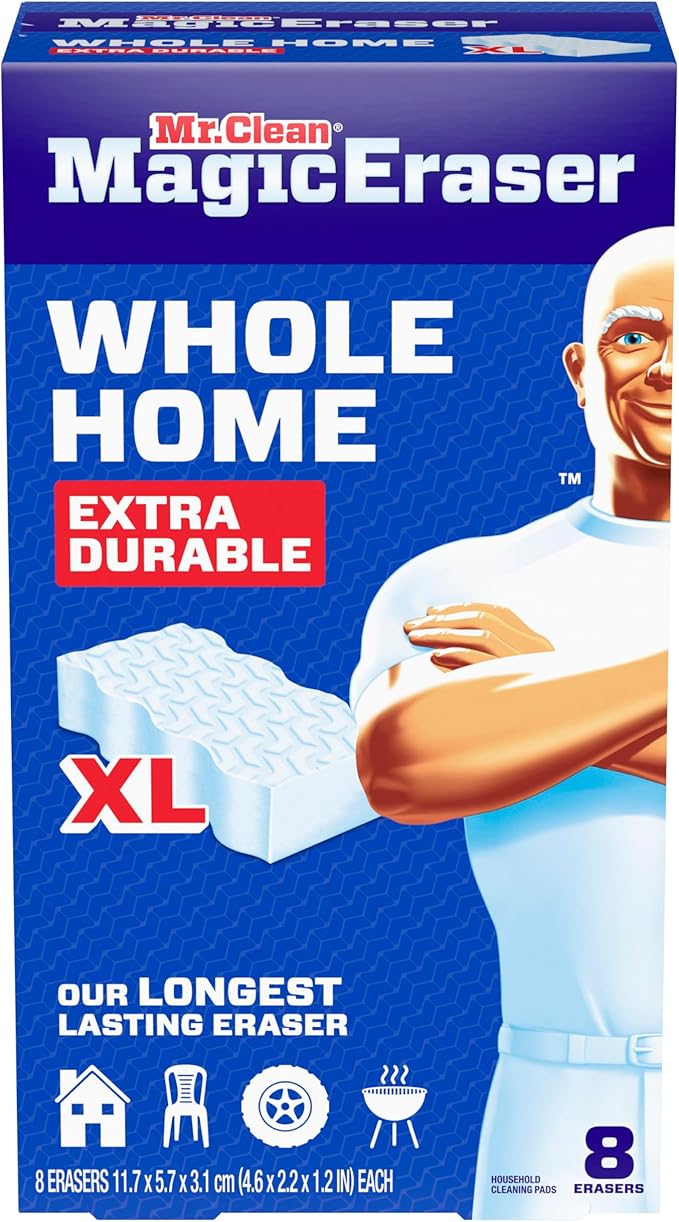 Mr. Clean Magic Eraser Sponge, All Purpose Cleaner, Long Lasting Cleaning Scrubber, Wall, Sneaker, Oven, Kitchen, Bathroom, Shower Cleaner, Cleaning Supplies, Whole Home Extra Durable XL, 8ct