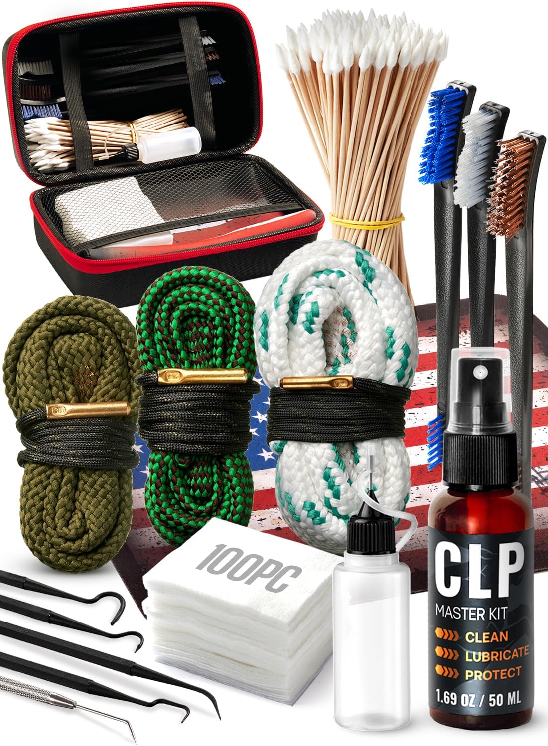 Bore Cleaner Gun Cleaning Kit For 12Ga / 5.56 / 9mm Gun Cleaning Snake, Gun Cleaning Supplies Incl. Gun Cleaning Patches, 6-inch Gun Cleaning Swabs, Gun Brushes, Cleaning Picks, Needle Oil Applicator