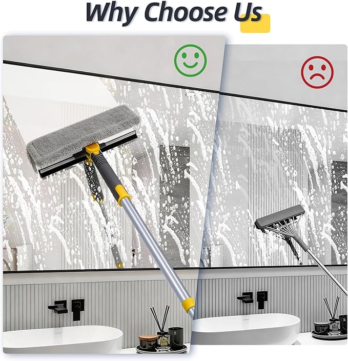 Masthome 77" Window Squeegee with Stainless Steel Pole, 2-in-1 Professional Window Cleaning Kit, 180° Lockable Rotating Head, Streak-Free Scrubber for High Window, Car Windshield, Indoor Outdoor Glass