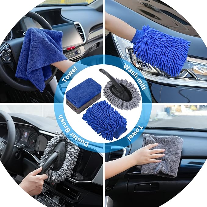 35Pcs Car Wash Detailing Kit Cleaning Kits with Foam Gun Sprayer Collapsible Bucket Brush Large Wash Mitt Towels Complete Interior Exterior Car Washing Supply Set Blue