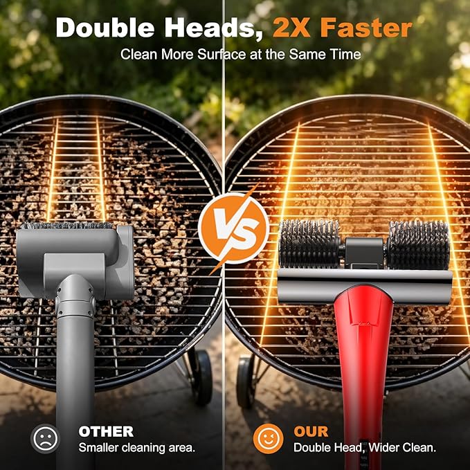 Electric Grill Brush for Outdoor Grill, Cordless BBQ Grill Cleaner with Dual Rotating Heads, 450 RPM Motorized Grill Cleaning Brush with Forward & Reverse, 6-Piece Replaceable Brush Set