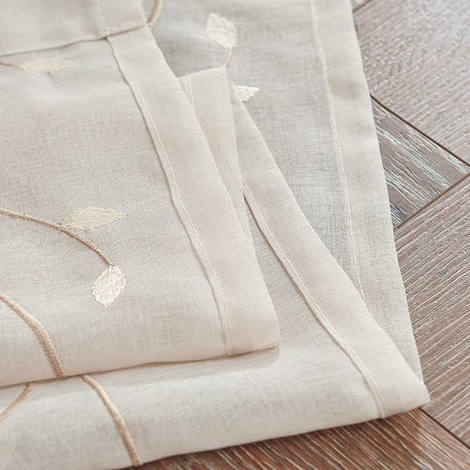 jinchan Sheer Door Curtain 40 Inches Floral Embroidered Semi-Sheer Embroidery Voile Floral French Door Curtain Light Filtering Drape Rod Pocket 1 Panel Beige