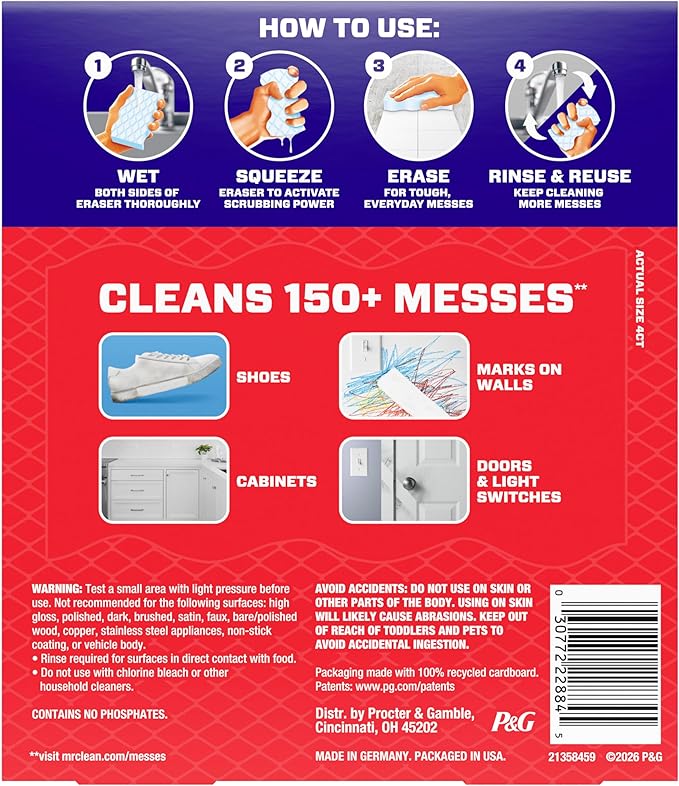 Mr. Clean Magic Eraser Sponge, All Purpose Cleaner, Cleaning Scrubber, Wall, Sneaker, Kitchen, Bathroom, Shower Cleaner, Cleaning Supplies, Melamine Sponge, Cleaning Pads, Extra Durable, 4ct