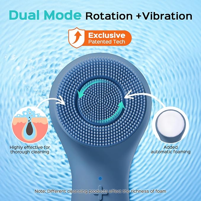 COSLUS FBS03 Face Scrubber Facial Cleansing Brush: 2 in 1 Spin and Vibration Patented, Silicone Electric Exfoliator Scrubber with Automatic Foaming, Waterproof Face Cleanser Brush for Men and Women