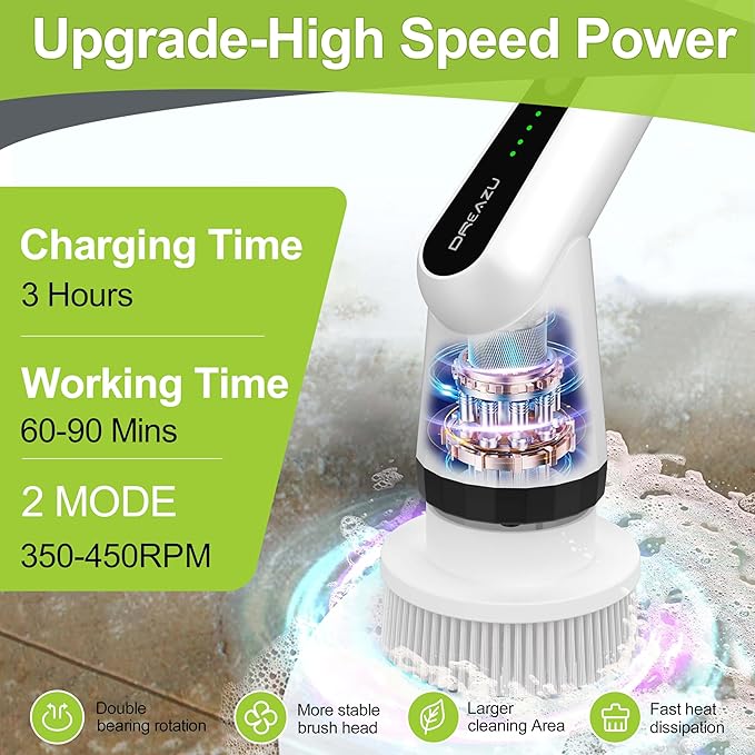 Dreazu Electric Spin Scrubber, 12-in-1 Shower Scrubber & Retractable Long Handle, 44 lbs High-Torque & Variable Speed Shower Cleaning Brush for Bathroom,Toilet, Bathtub, Kitchen, Tile Floors, Car