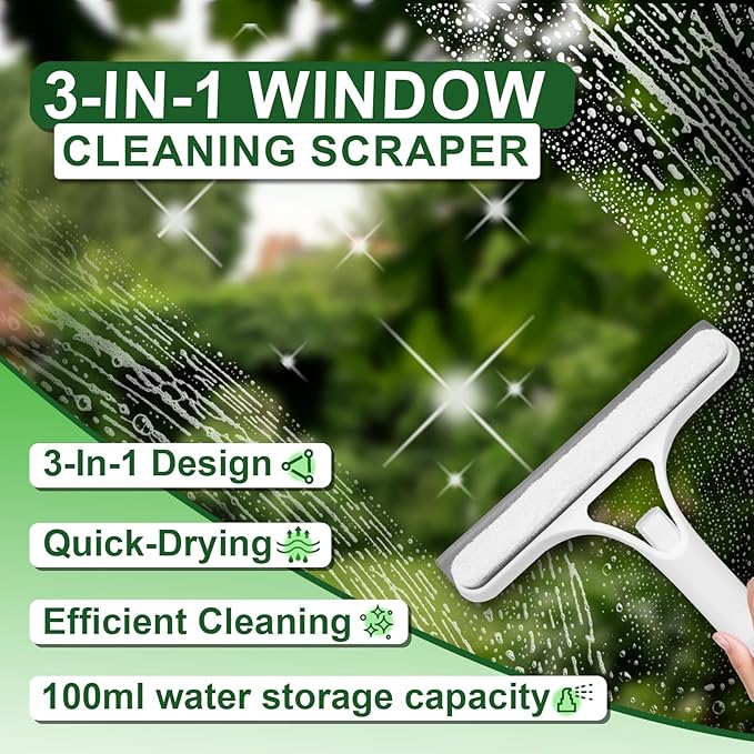 3 in 1 Window Cleaning Scraper, Window Squeegee with Sprayer, Window Cleaning Scraper for Windows, Walls, Car Windshields, Bathrooms, Kitchens, All-Purpose Window Cleaner Tool (White)