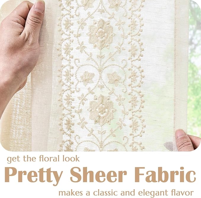 jinchan French Sheer Volie Door Curtain Embroidered Farmhouse Linen Curtain for Patio Door with Tie up Bows Light Filtering for Door Window Closet Rod Pocket 72 Inches 1 Panel Crude on Beige