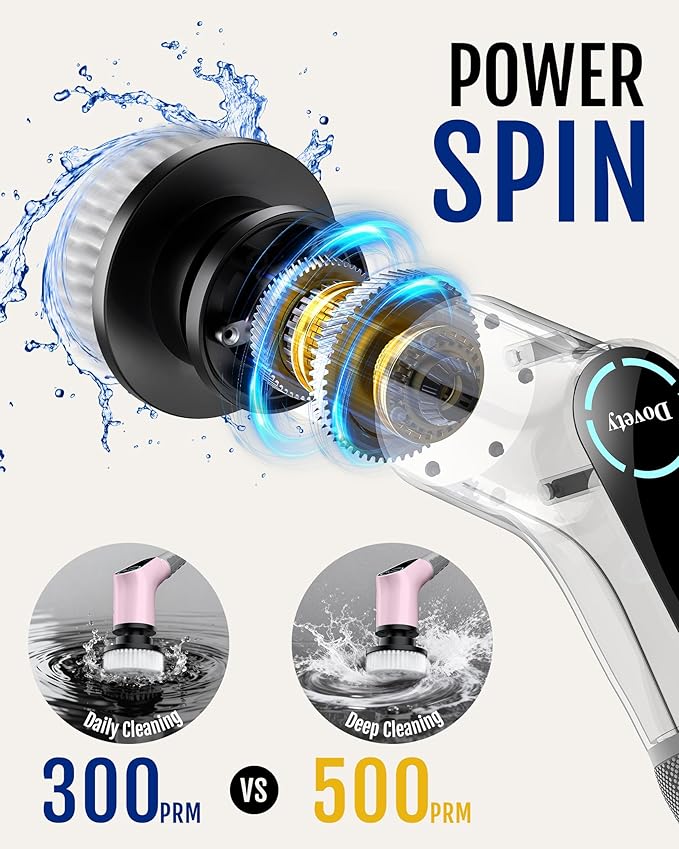Dovety Electric Spin Scrubber, Shower Scrubber, Power Cleaner Tools with 8 Replaceable Brush Heads, Cleaning Brush with Extension Handle, 2 Adjustable Speeds, 90Mins Work Time for Home Bathtub-Pink