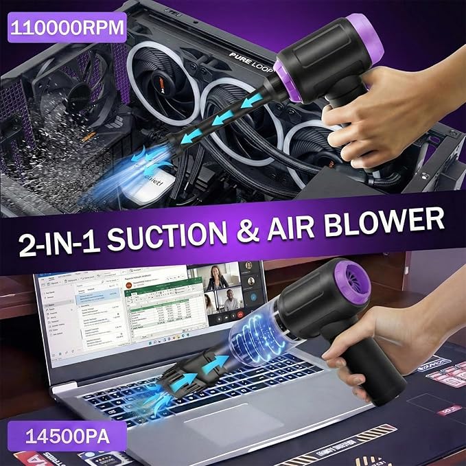 14.5KPA Computer Vacuum Cleaner &Cordless Electric Air Duster 3-in-1,110000RPM Replaces Canned Air for PC Tower &Laptop Sewing Machine Keyboard Vac USB Rechargeable Desk Crumbs Dust Cleaner