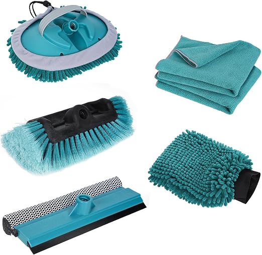 TelesPro Car Wash Brush with 3 Replaceable Brush Heads - Soft Car Brush, Chenille Car Wipe, Window Squeegee, Chenille Gl
