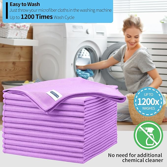 Microfiber Cleaning Cloth, 12 Pack Window Glasses Cleaning Cloth, Reusable Lint-Free Streak Free Polishing Cloth Wipes for Stainless Steel, Eyeglass, Mirror, Screen & Lense,12"*12" Purple