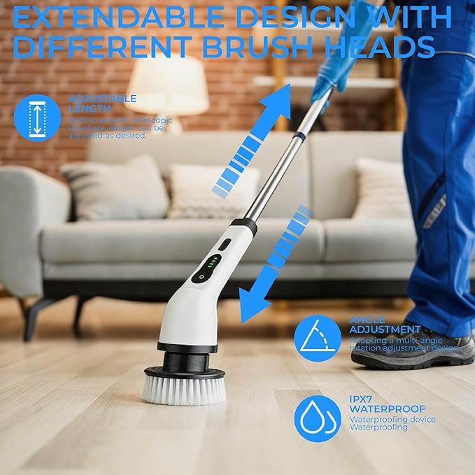Electric Cleaning Brush, Rechargeable Power Scrubber with 6 Replaceable Brush Heads and Extendable Handle, Multi-Surface Cleaner for Bathroom, Kitchen, Floor, Grout, Car, Windows