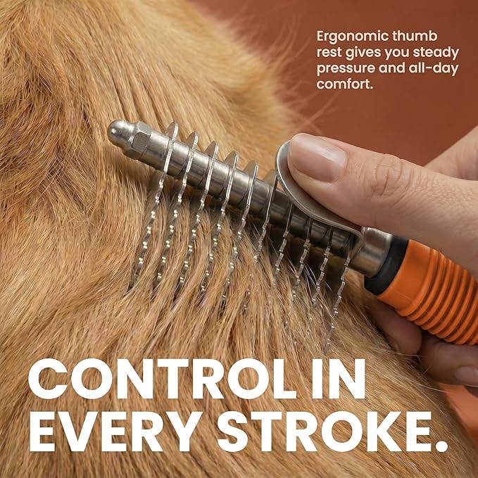 Poodle Dematting Fur Rake Comb Brush for Dogs and Cats - Long 2.5" Steel Safety Blades Metal Comb for Detangling Matted or Knotted Undercoat Hair (Orange)