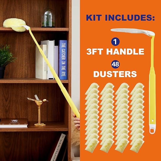JOYMOOP Scented Telescopic Duster kit, 3FT Extendable Handle (Yellow) + 48 Yellow Refills for Swiffer Feather Duster,Easy Cleaning for Ceilings, Ceiling Fans, Blinds, Vents & Shelves