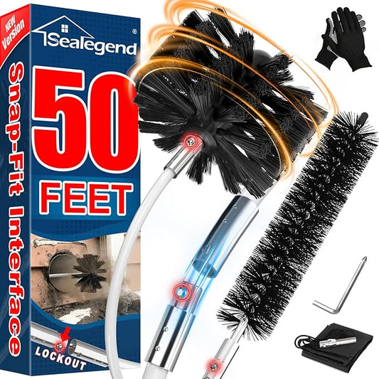 Sealegend 50 Feet Dryer Vent Cleaner Kit/Lint Remover/Fireplace Chimney Brushes/Upgraded Flexible Quick-Snap Brush with Drill Attachment for Easy to use/Cleaning Tools Use with or Without Power Drill