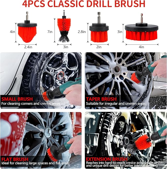 35Pcs Car Detailing Kit & Car Cleaning Kit – Windshield Tool, Long Wheel Brush & 2 Angled Brushes, 4 Polishing Pads & 4 Wax Pads – Red Tool Box – Gift for Men (B：35PCS-R)