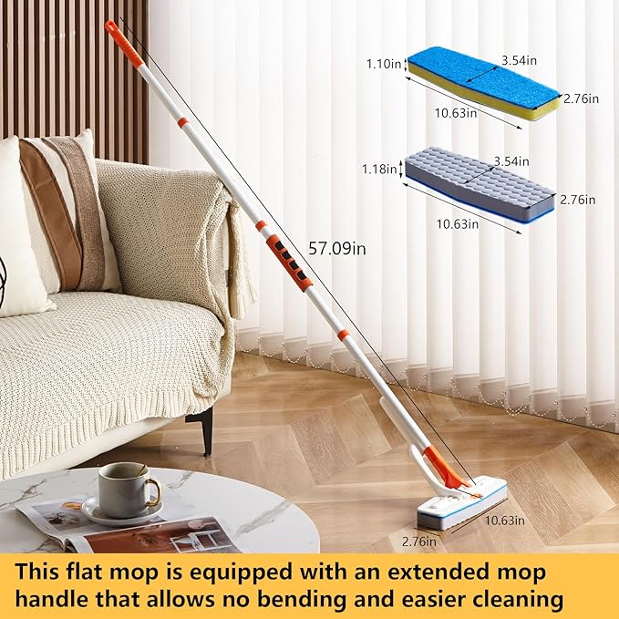 Magic Sponge Eraser Mop, 56" Adjustable Mop Handle with Flexible 10" Flat Head with Microfiber Pad and Magic Sponge Eraser Pads
