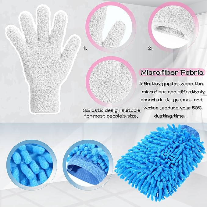 Potchen 6 Pcs Microfiber Dusting Mitt Gloves for Plants Washable Dusting Gloves for House Cleaning Furniture Car Washing