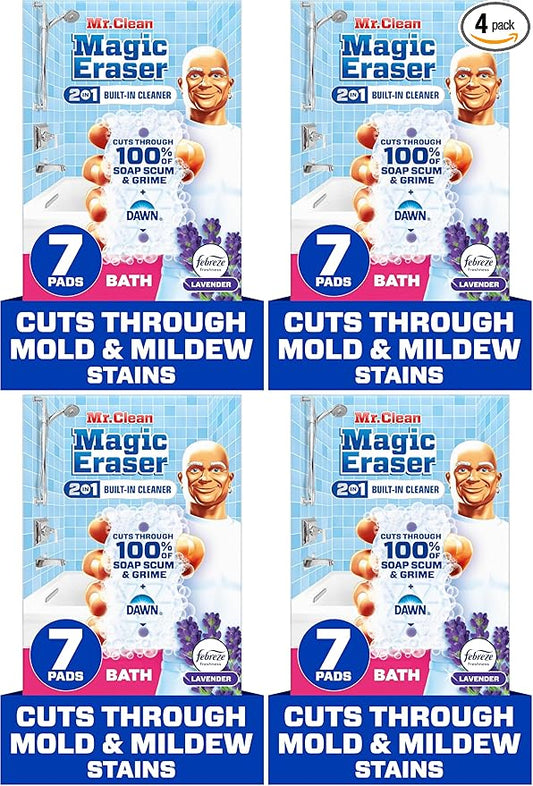 Mr. Clean Magic Eraser Sponge, Bathroom, Shower & Tub Cleaner, Soap Scum Remover, Bathroom Cleaning Supplies, Dawn Cleaning Power with Febreze Lavender Scent, 2 in 1 Bath, 7ct (Pack of 4)