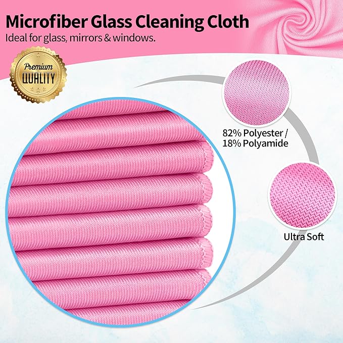 Microfiber Cleaning Cloth - 10 Pack Glasses Cleaning Cloth, 16" x 14" Window Cleaning Rags, Streak Free Lint Free Polishing Cloths Wipes for Eye Glass, Stainless Steel, Windshield, Pink