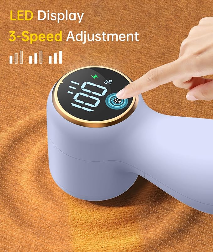Rechargeable Fabric Shaver Lint Remover, Sweater Shaver with 3-Speed Control, LED Display Clothes Shaver, 6-Leaf Stainless Steel Blades, Suitable for Clothes, Sweater, Couch, Blanket, Wool (Purple)