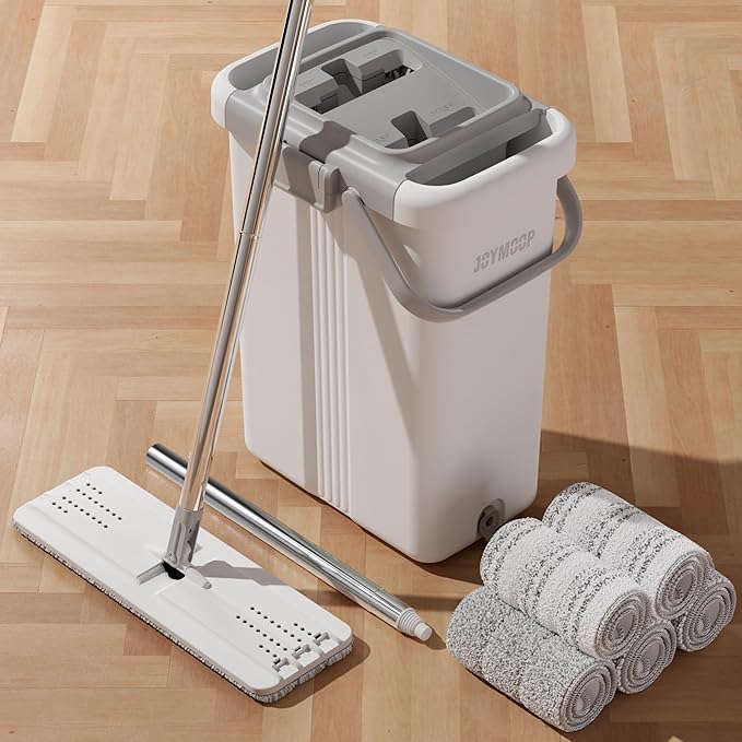 JOYMOOP Flat Mop System, Microfiber Mop and Bucket Set, White, Hands-Free Floor Cleaning Mop for Household & Commercial Use, Wet and Dry Cleaning, Includes 3 Washable Pads