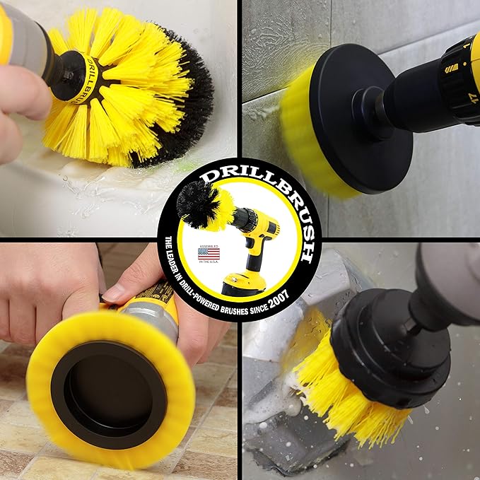 Yellow Drill Brush Attachments for Cleaning Shower, Grout, Bathroom - Grout Cleaner Drillbrush Kit - Rotary Scrub Brush Tile Cleaner Drill Attachment for Crevice Cleaning - Bathroom Tile Scrubber Set