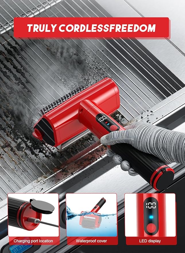 800 RPM Electric Grill Brush for Outdoor, 2-Speed High Power BBQ Cleaning Tool, 4000mAh Cordless Scrubber with LED Light, Non-Shedding Brush & 2 Scouring Pads for Gas/Charcoal/Weber Grates