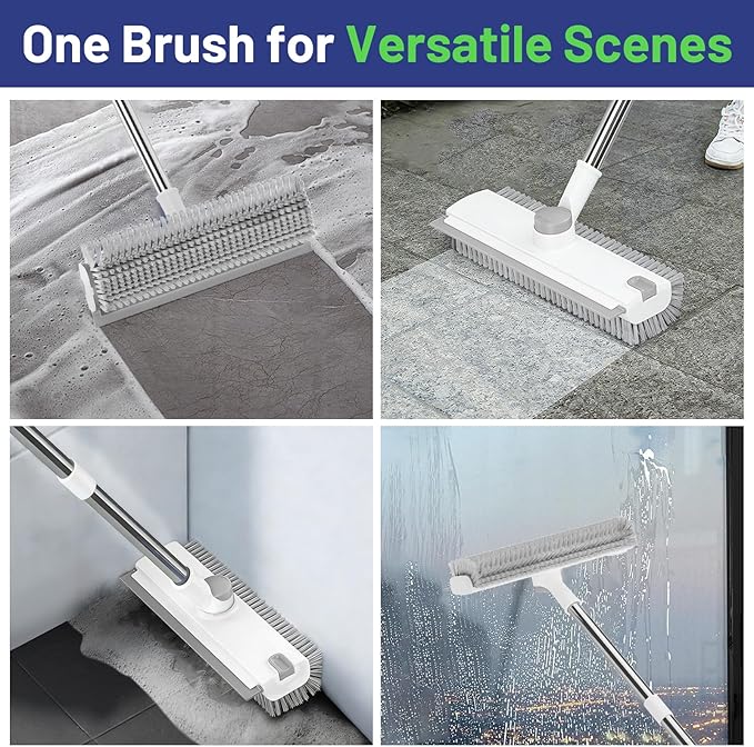 Floor Scrub Brush with Long Handle: 3 in 1 Heavy-Duty Floor Scrubber Brush with Squeegee for Cleaning Tile Bathroom Deck Kitchen Patio - White