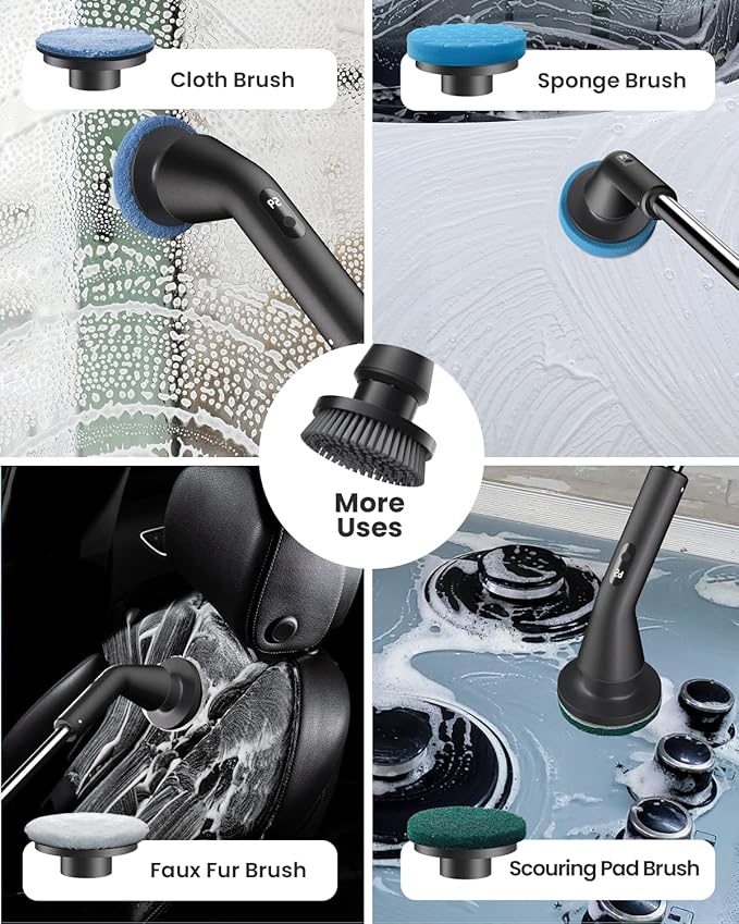 Electric Spin Scrubber, Upgraded IPX7 Cordless Cleaning Brush for Bathroom Shower, Household Cleaning Scrubber with 7 Brush Heads, Adjustable Long Handle and 2 Rotating Speeds for Tub Floor