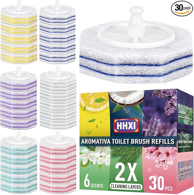 30Ct Aromative Toilet Brush Refills, Toilet Bowl Cleaner Refills, Double-Layer Cleaning Pads Added, Disposable Refill Heads for Toilet Bowl Cleaner Wands, 6 Flavors（Patented）