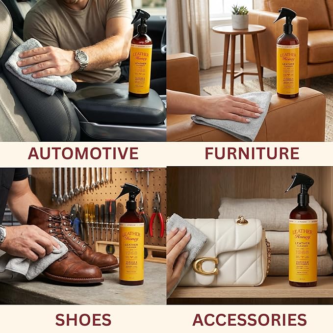 Leather Honey Leather Cleaner Spray: UV Protectant, Non-Toxic & Made in the USA Since 1968. Cleans & Protects Leather, Faux & Vinyl - Couches, Car Seats, Purses, Shoes, Bags & Tack. Safe for Any Color