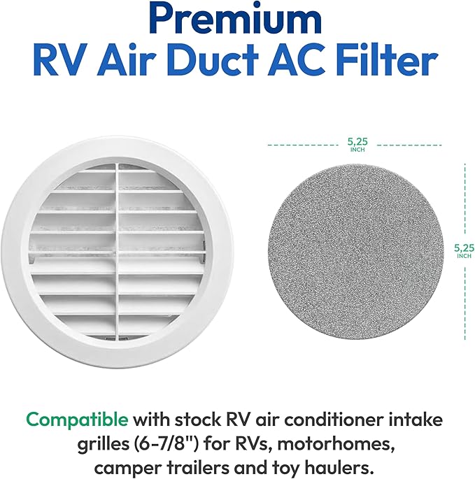 RV Air Vent Replacement Filter Inserts (5.25") - Round AC Air Duct Filters for 6-7/8" RV Air Return Intake Vent Grilles - Compatible with Motorhomes, Campers, Travel Trailers & Toy Haulers - 8-Pack