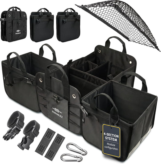 Extra Large Car Trunk Organizer - Trunk Storage - Modular Configurable Detachable Collapsible - for SUV Minivan Truck Sedan Van - 4 Compartment XXL, Black