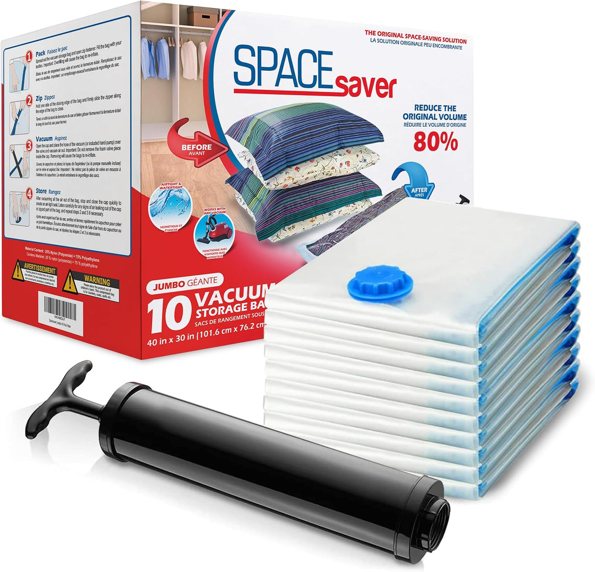 Vacuum Storage Bags with Hand Pump, Jumbo, 10 Pack