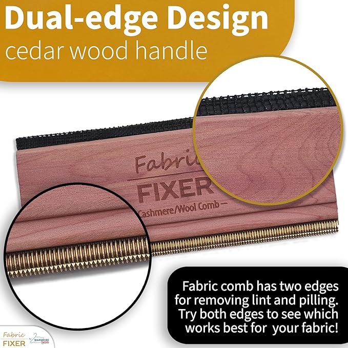 Cashmere Pill Remover Comb with Natural Cedar Wood Handle (Double Edge Design) Wool Sweater Fuzz Comb & Fabric Pilling Remover for Delicate Clothing