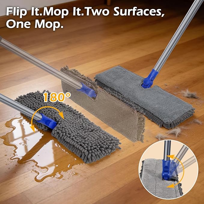 MASTERTOP Microfiber Dust Mop,Double-Sided Flat Mops for Hardwood Floors with 4 Reusable Mop Pads, Floor Mops with Stainless Steel Handle and Extension, Cleaner for Hardwood, Vinyl, Laminate, Tile