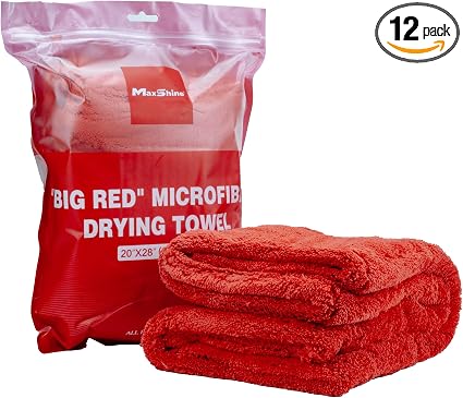 Maxshine 12 Pack Big Red Microfiber Towel (1000GSM) - Large Plush, Rinse-Free Drying Towels, Double-Sided Detailing for 