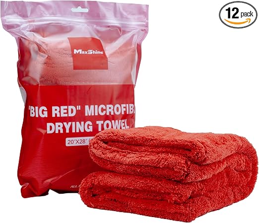 Maxshine 12 Pack Big Red Microfiber Towel (1000GSM) - Large Plush, Rinse-Free Drying Towels, Double-Sided Detailing for 
