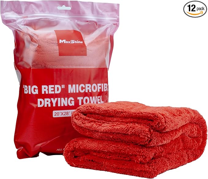 Maxshine 12 Pack Big Red Microfiber Towel (1000GSM) - Large Plush, Rinse-Free Drying Towels, Double-Sided Detailing for 