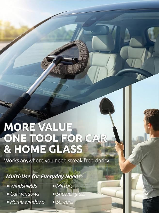 TAKAVU Car Window Cleaning Tool, Windshield Wiper Cleaner with Extendable Long-Reach Handle, 3 Washable Reusable Microfiber Bonnets, Car & Home Inside Interior Exterior Use - Lint Free (Grey)