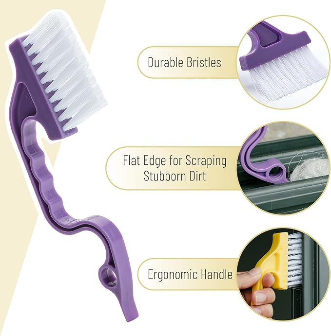 Slick- Window Track Cleaning Brush, 2 Pack, Yellow/Purple Ergonomic Handle, Built-in Scraper, Multipurpose, Window Track Cleaning Tools