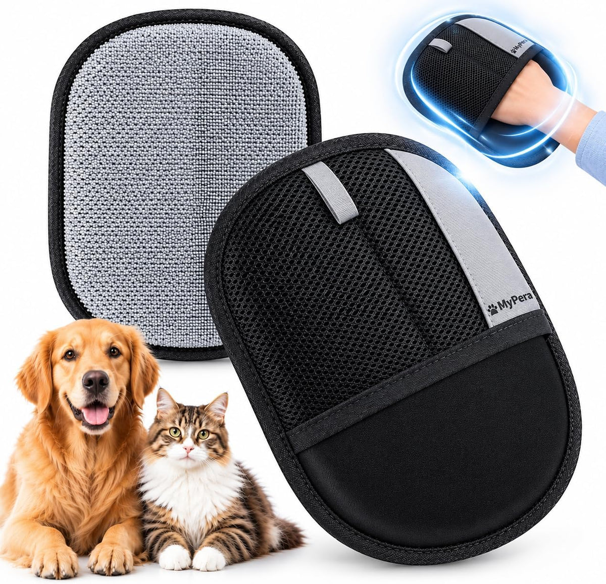 2Pcs Pet Hair Removal Glove for Dogs & Cats, Newly Upgraded Reusable Electrostatic Pet Hair Glove, Magic Brush Pet Hair Remover Tool for Clothing, Couch, Carpet, Car Seats. (Black Gray, Pack of 2)