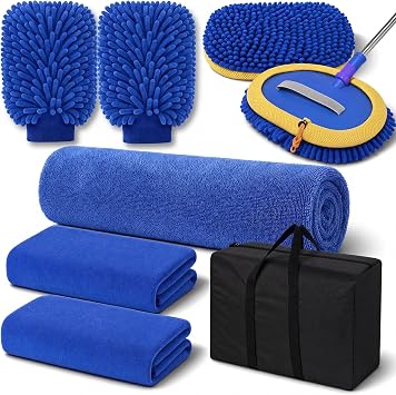 Layhit 8 Pack Blue Chenille Car Wash Mitt Microfiber Car Drying Towel Set
